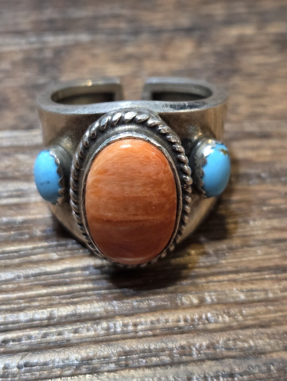 Vintage Native Sterling Silver Turquoise Spiny Oyster Chunky Ring Approx Size 11